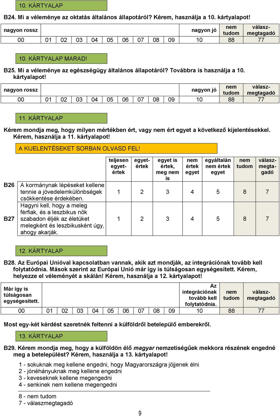 KÁRTYALAP Kérem mondja meg, hogy milyen mértékben ért, vagy ért egyet a következő kijelentésekkel. Kérem, használja a 11. kártyalapot! A KIJELENTÉSEKET SORBAN OLVASD FEL!