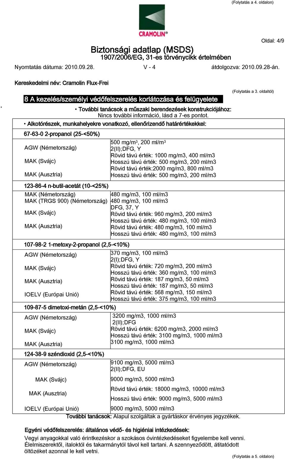 Alkotórészek, munkahelyekre vonatkozó, ellenőrizendő határértékekkel: 67-63-0 2-propanol (25-<50%) AGW (Németország) 123-86-4 n-butil-acetát (10-<25%) MAK (Németország) MAK (TRGS 900) (Németország)
