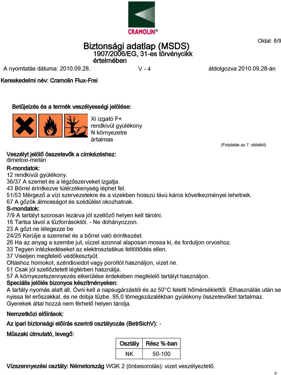 51/53 Mérgező a vízi szervezetekre és a vizekben hosszú távú káros következményei lehetnek. 67 A gőzök álmosságot és szédülést okozhatnak.