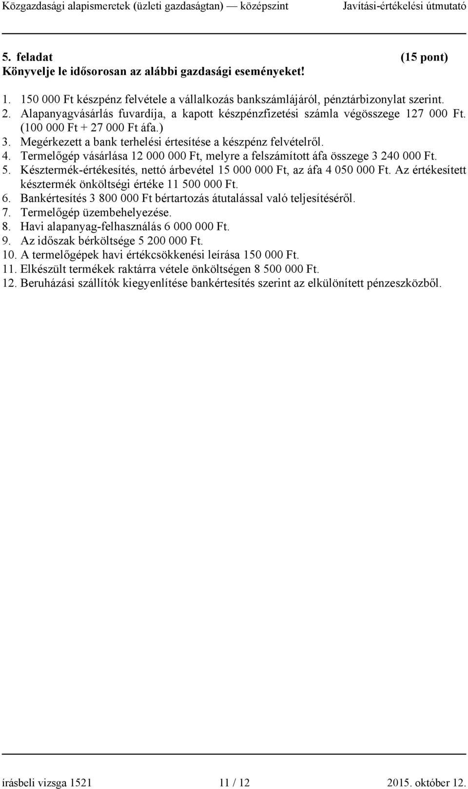 Termelőgép vásárlása 12 000 000 Ft, melyre a felszámított áfa összege 3 240 000 Ft. 5. Késztermék-értékesítés, nettó árbevétel 15 000 000 Ft, az áfa 4 050 000 Ft.