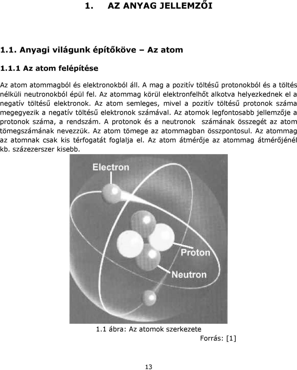 Az atom semleges, mivel a pozitív töltésű protonok száma megegyezik a negatív töltésű elektronok számával. Az atomok legfontosabb jellemzője a protonok száma, a rendszám.