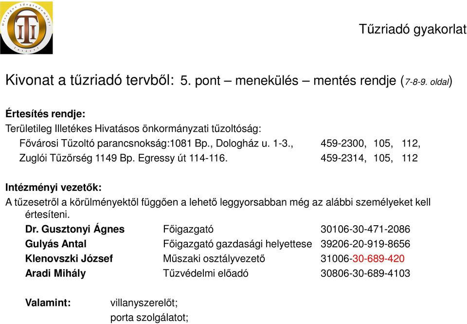 , 459-2300, 105, 112, Zuglói Tűzőrség 1149 Bp. Egressy út 114-116.