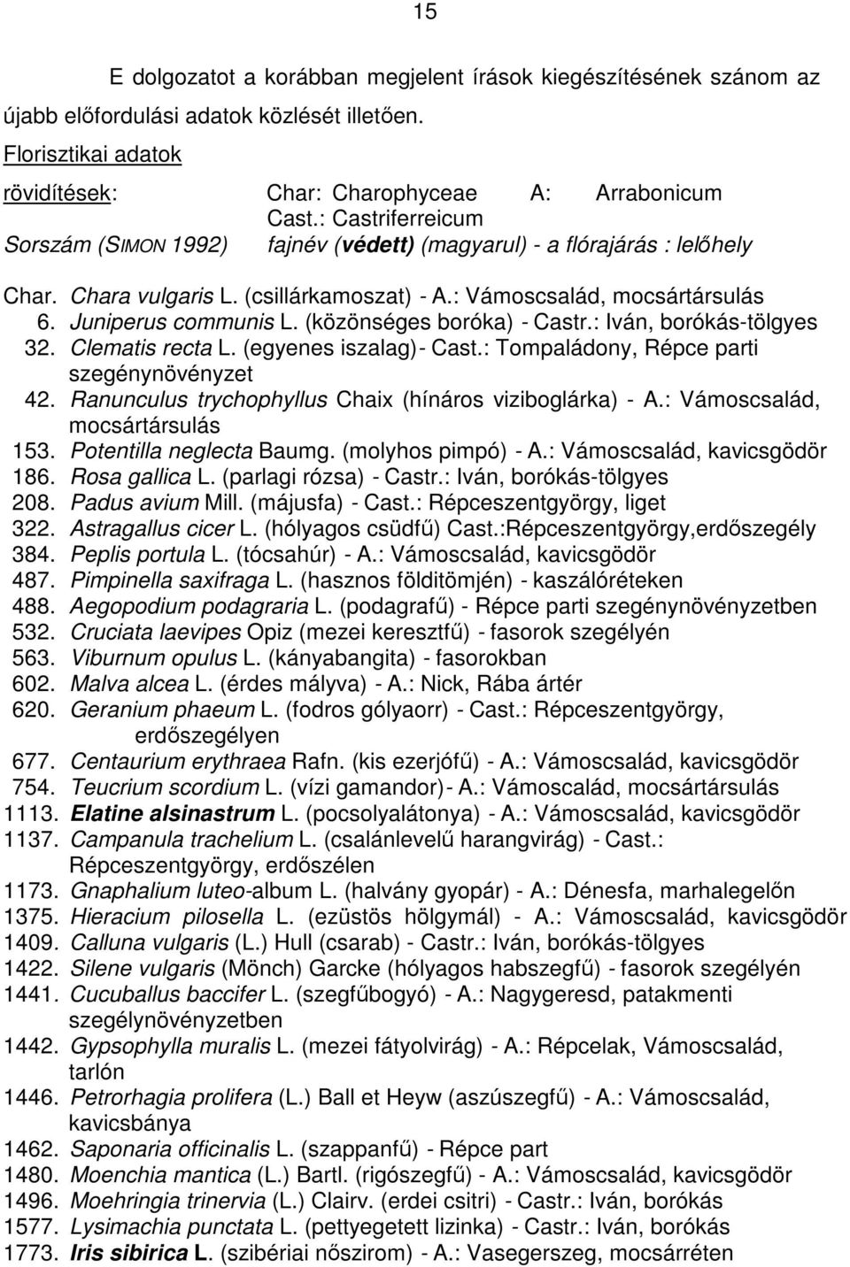 (közönséges boróka) - Castr.: Iván, borókás-tölgyes 32. Clematis recta L. (egyenes iszalag)- Cast.: Tompaládony, Répce parti szegénynövényzet 42.