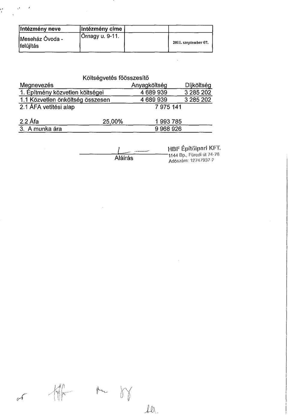 Építmény közvetlen költségei 4 689 939 3 285 202 1.1 Közvetlen önköltség összesen 4 689 939 3 285 202 2.