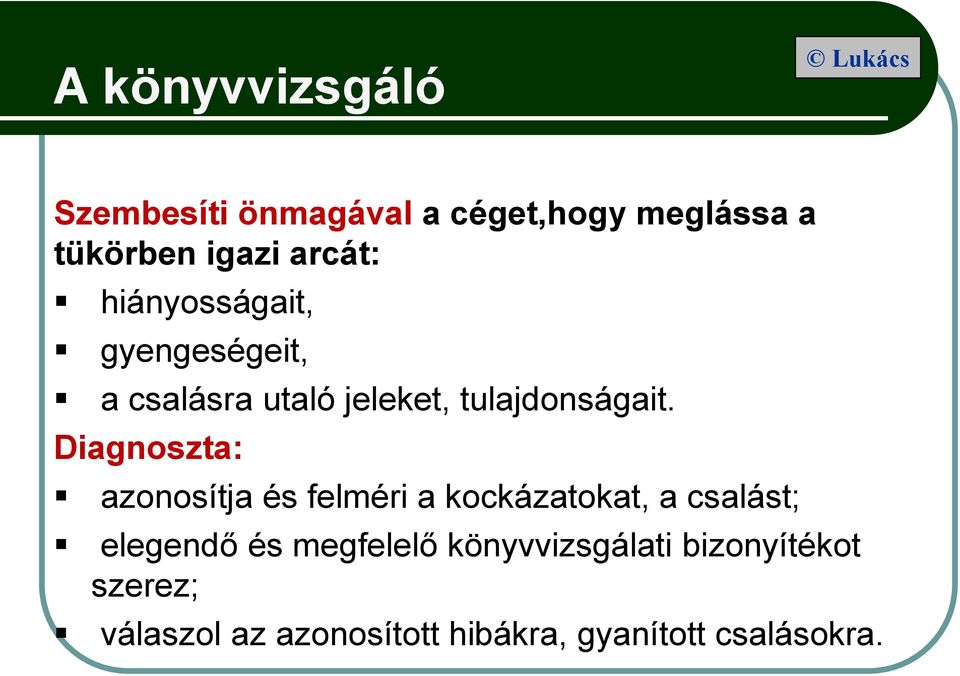 Diagnoszta: azonosítja és felméri a kockázatokat, a csalást; elegendő és megfelelő