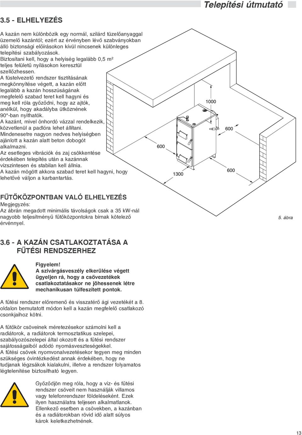 A füstelvezetõ rendszer tisztításának megkönnyítése végett, a kazán elõtt legalább a kazán hosszúságának megfelelõ szabad teret kell hagyni és meg kell róla gyõzõdni, hogy az ajtók, anélkül, hogy