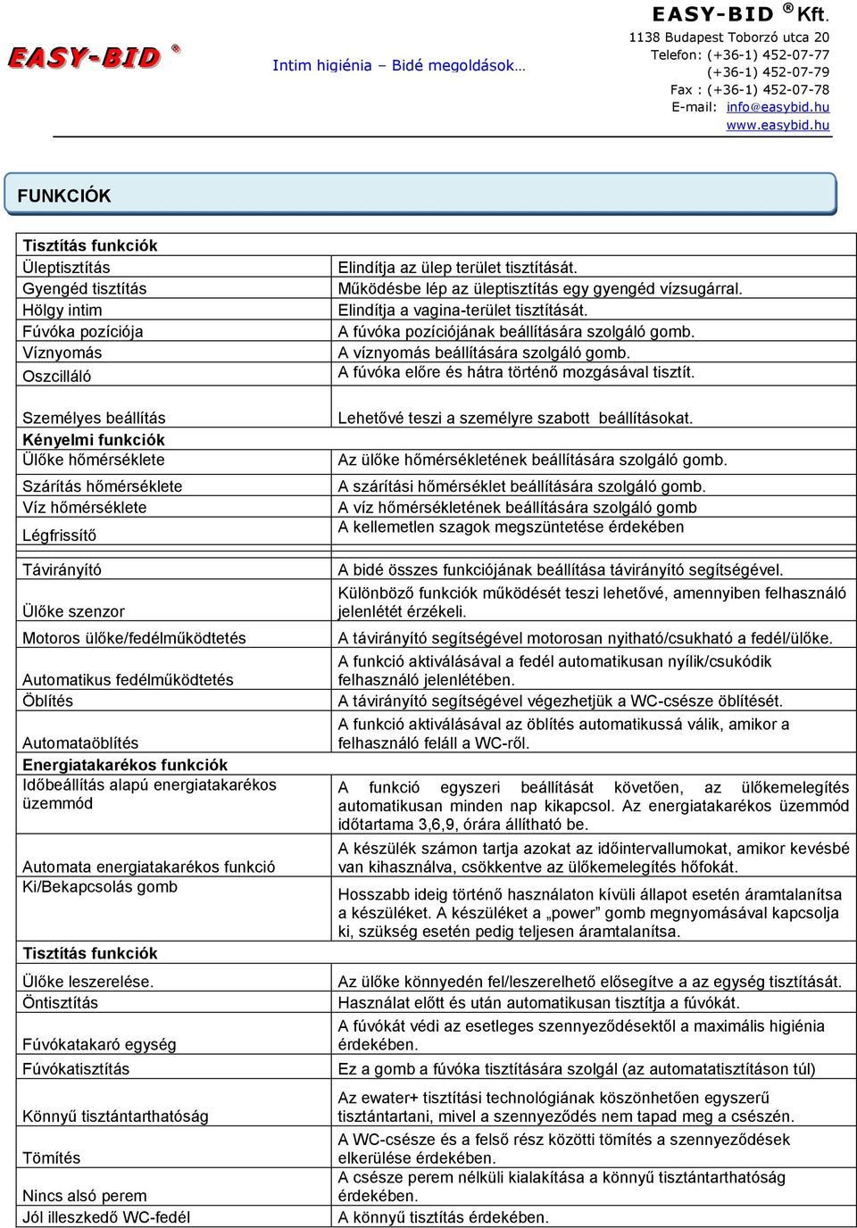 üzemmód Automata energiatakarékos funkció Ki/Bekapcsolás gomb Tisztítás funkciók Ülőke leszerelése.