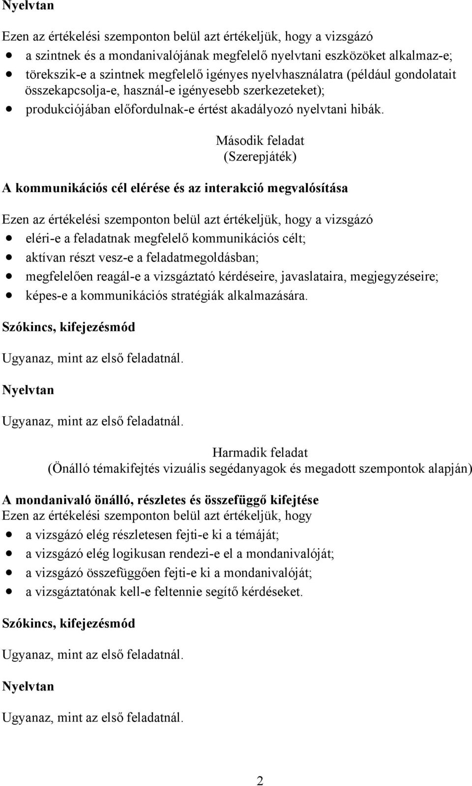 Második feladat (Szerepjáték) A kommunikációs cél elérése és az interakció megvalósítása eléri-e a feladatnak megfelelő kommunikációs célt; aktívan részt vesz-e a feladatmegoldásban; megfelelően