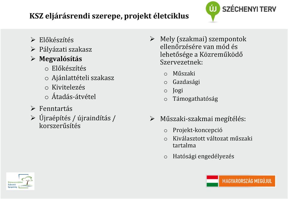 (szakmai) szempontok ellenőrzésére van mód és lehetősége a Közreműködő Szervezetnek: o Műszaki o Gazdasági o Jogi