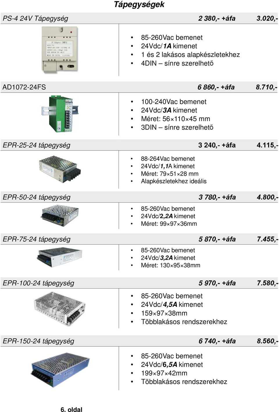 115,- 88-264Vac bemenet 24Vdc/1,1A kimenet Méret: 79 51 28 mm Alapkészletekhez ideális EPR-50-24 tápegység 3 780,- +áfa 4.