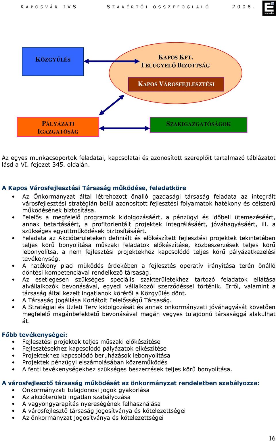 A Kapos Városfejlesztési Társaság működése, feladatköre Az Önkormányzat által létrehozott önálló gazdasági társaság feladata az integrált városfejlesztési stratégián belül azonosított fejlesztési