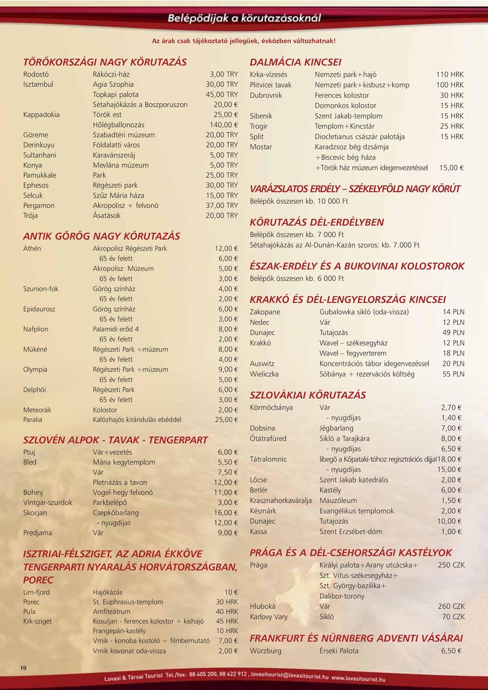 Göreme Szabadtéri múzeum 20,00 TRY Derinkuyu Földalatti város 20,00 TRY Sultanhani Karavánszeráj 5,00 TRY Konya Mevlána múzeum 5,00 TRY Pamukkale Park 25,00 TRY Ephesos Régészeti park 30,00 TRY