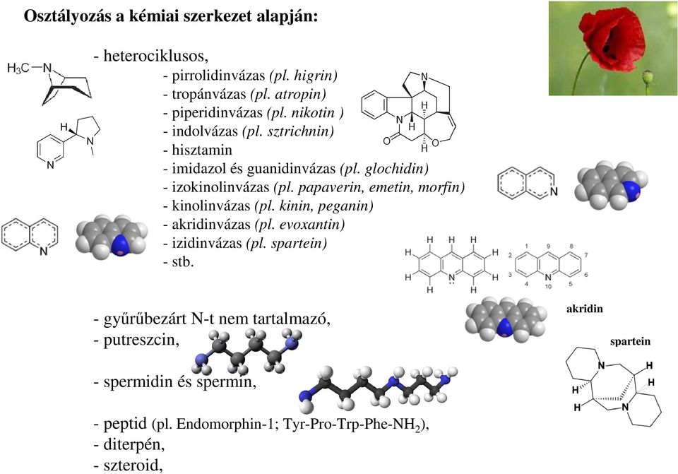 papaverin, emetin, morfin) - kinolinvázas (pl. kinin, peganin) - akridinvázas (pl. evoxantin) - izidinvázas (pl. spartein) - stb.