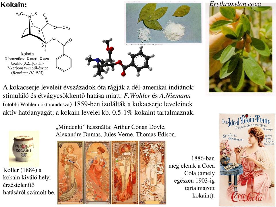 iemann (utobbi Wohler doktorandusza) 1859-ben izolálták a kokacserje leveleinek aktív hatóanyagát; a kokain levelei kb. 0.