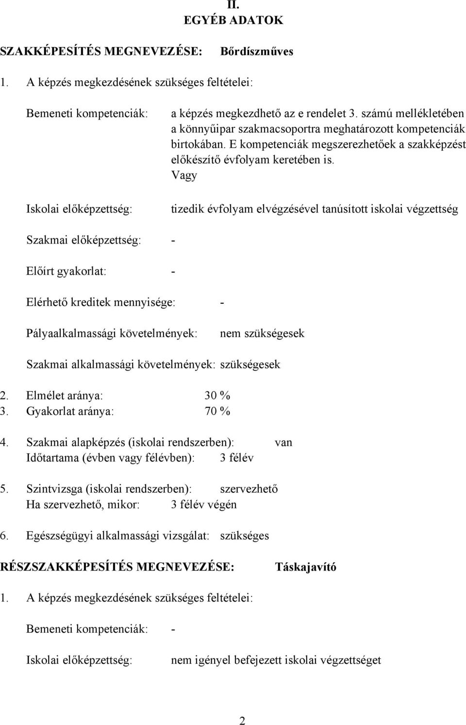 számú mellékletében a könnyűipar szakmacsoportra meghatározott kompetenciák birtokában. E kompetenciák megszerezhetőek a szakképzést előkészítő évfolyam keretében is.