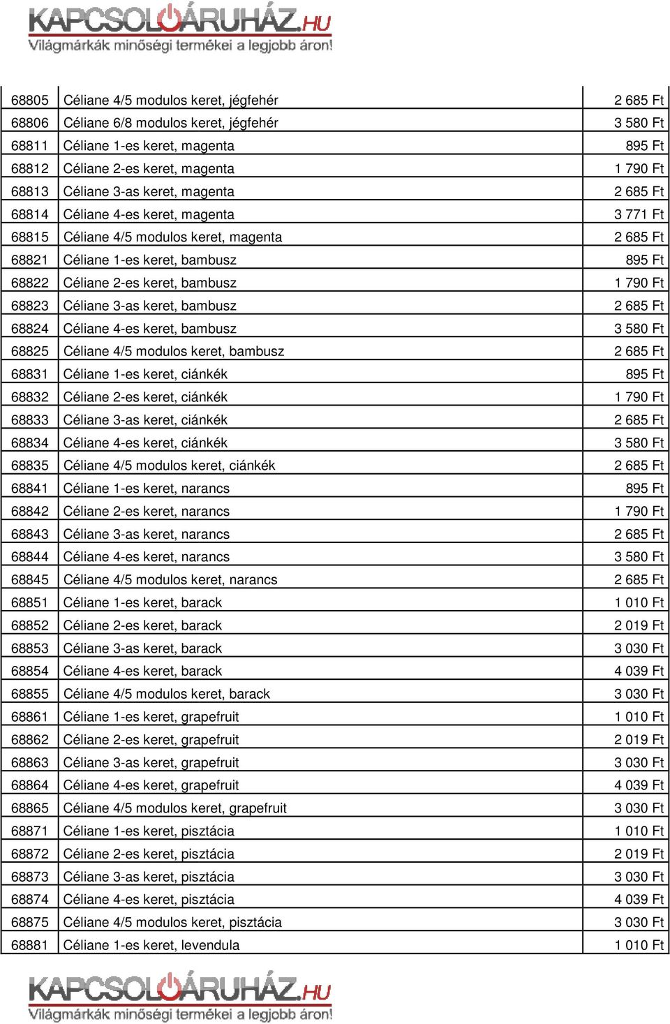 68825 Céliane 4/5 modulos keret, bambusz 68831 Céliane 1-es keret, ciánkék 68832 Céliane 2-es keret, ciánkék 68833 Céliane 3-as keret, ciánkék 68834 Céliane 4-es keret, ciánkék 68835 Céliane 4/5