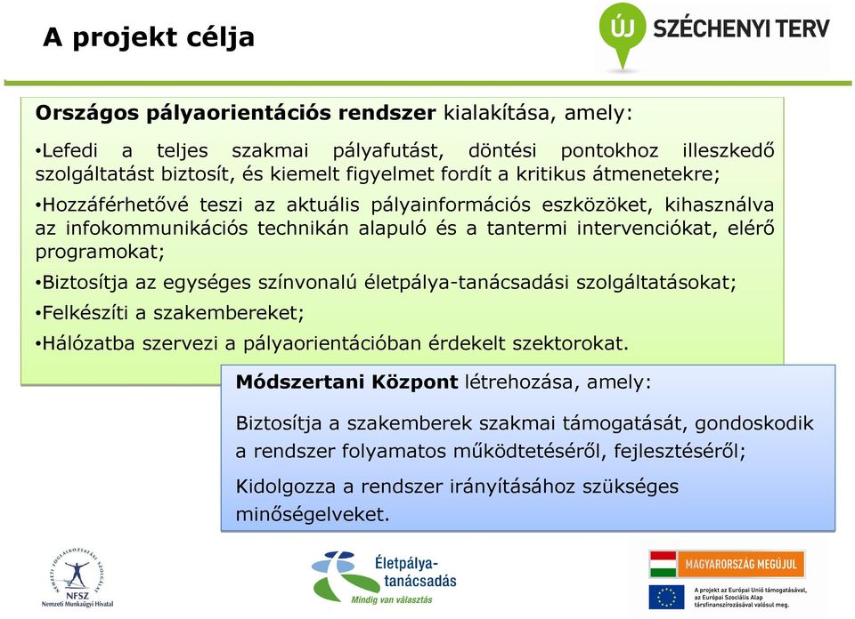 programokat; Biztosítja az egységes színvonalú életpálya-tanácsadási szolgáltatásokat; Felkészíti a szakembereket; Hálózatba szervezi a pályaorientációban érdekelt szektorokat.