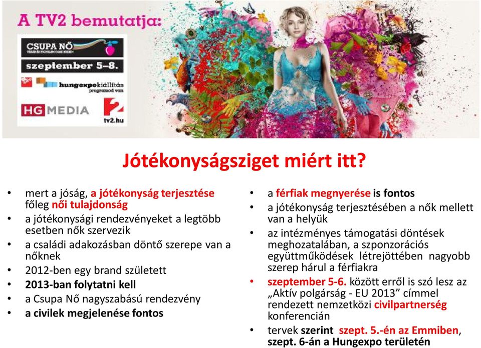 egy brand született 2013-ban folytatni kell a Csupa Nő nagyszabású rendezvény a civilek megjelenése fontos a férfiak megnyerése is fontos a jótékonyság terjesztésében a nők mellett