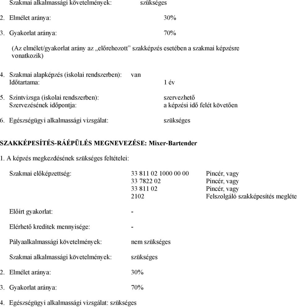 Egészségügyi alkalmassági vizsgálat: szükséges SZKKÉPESÍTÉS-RÁÉPÜLÉS MEGNEVEZÉSE: Mixer-artender 1.