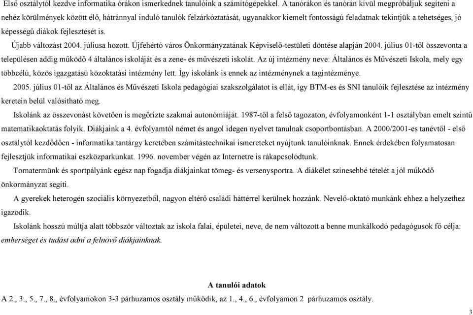 képességő fejlesztését is. Újabb változást 2004. júliusa hozott. Újfehértó város Önkormányzatának Képviselı-testületi döntése alapján 2004.