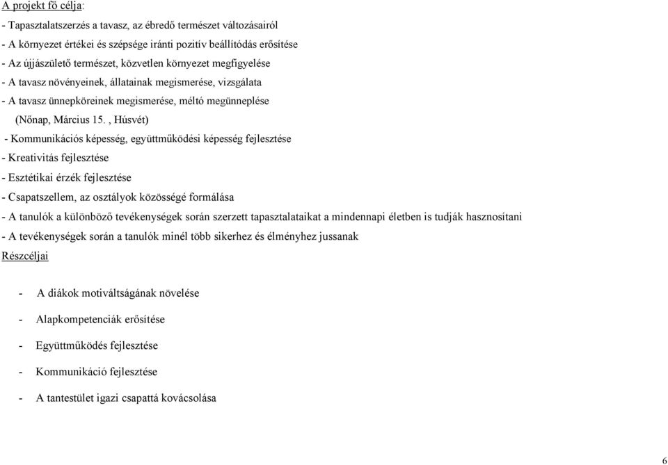 , Húsvét) - Kommunikációs képesség, együttmőködési képesség fejlesztése - Kreativitás fejlesztése - Esztétikai érzék fejlesztése - Csapatszellem, az osztályok közösségé formálása - A tanulók a