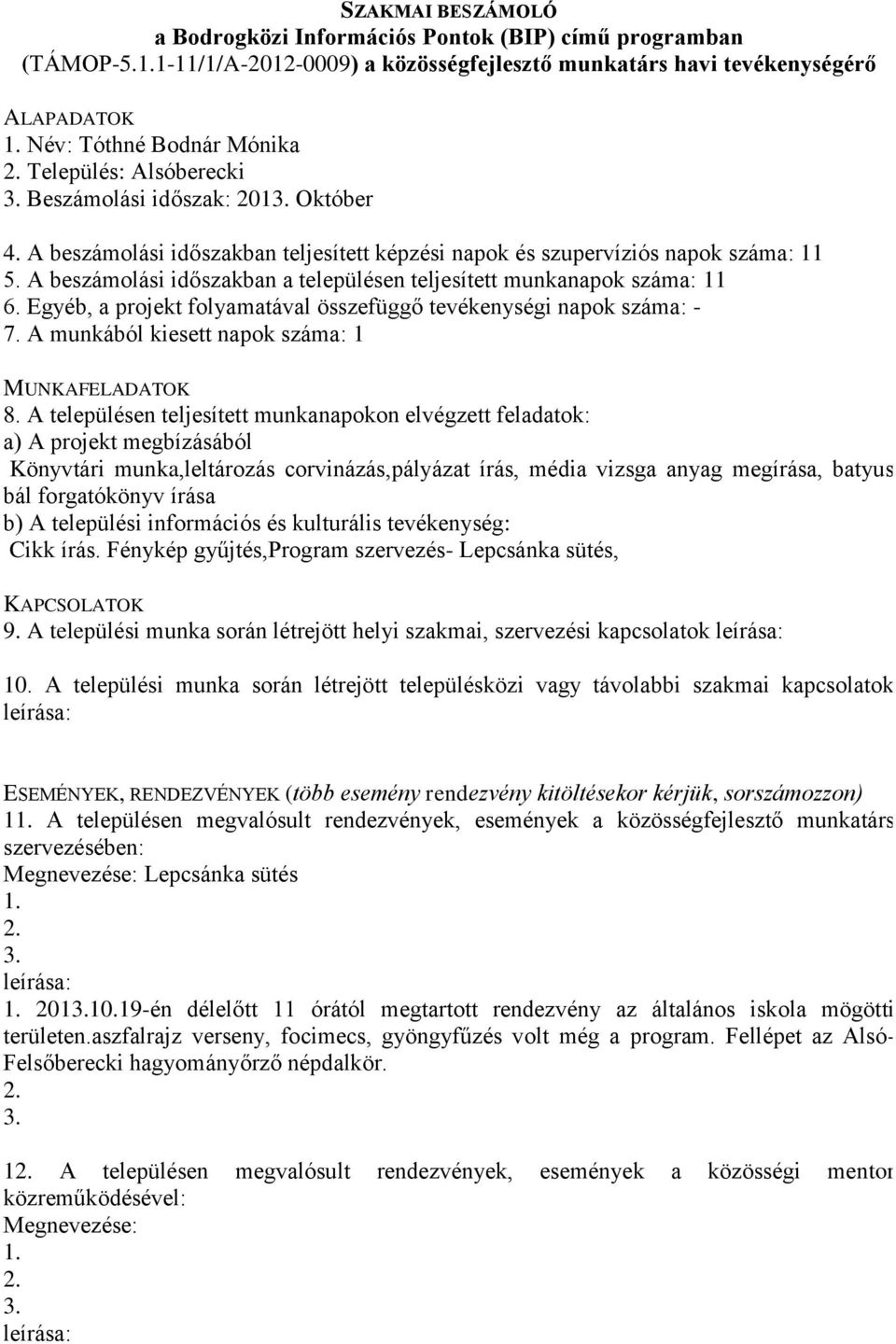 Egyéb, a projekt folyamatával összefüggő tevékenységi napok száma: - 7.