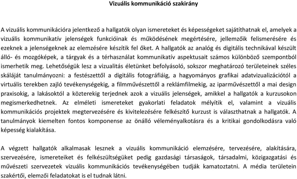 A hallgatók az analóg és digitális technikával készült álló- és mozgóképek, a tárgyak és a térhasználat kommunikatív aspektusait számos különböző szempontból ismerhetik meg.
