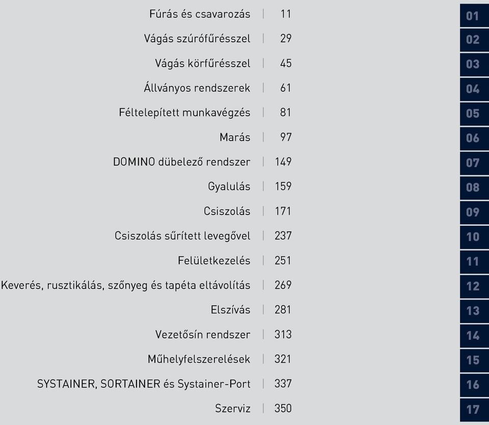 Felületkezelés 251 Keverés, rusztikálás, szőnyeg és tapéta eltávolítás 269 Elszívás 281 Vezetősín rendszer 313 01