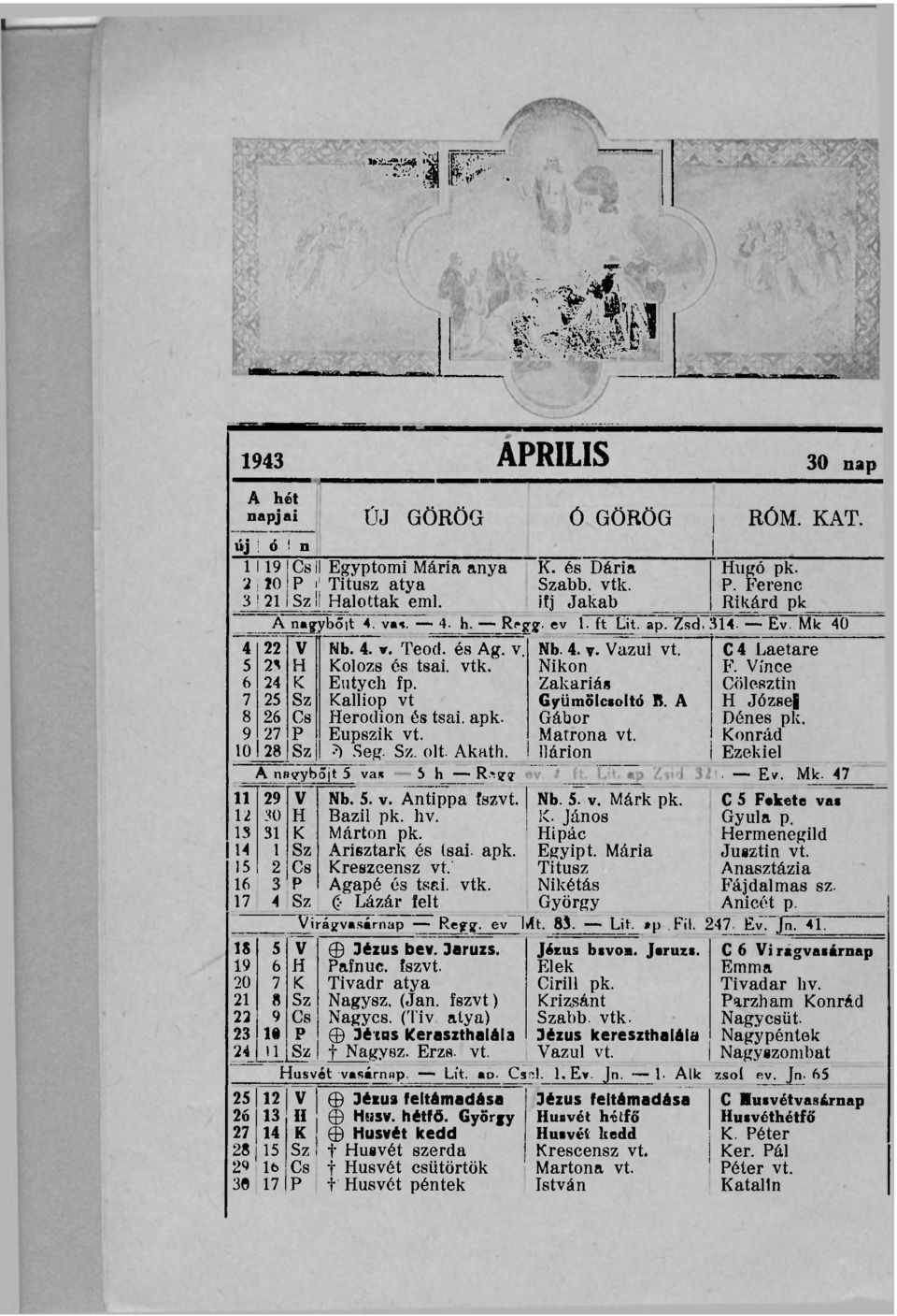 7 25 Sz Kalliop vt 8 26 Cs lierodion és tsai. apk- 9 27 P Eupszik vt. 10 28 Sz?) Seg. Sz. olt- Akath. A nnyybsit 5 vas 5 h Rí?? Nb. 4. t. Vazul vt. Nikon Zakariás Gyümölcsoltó B. A Gábor Matróna vt.