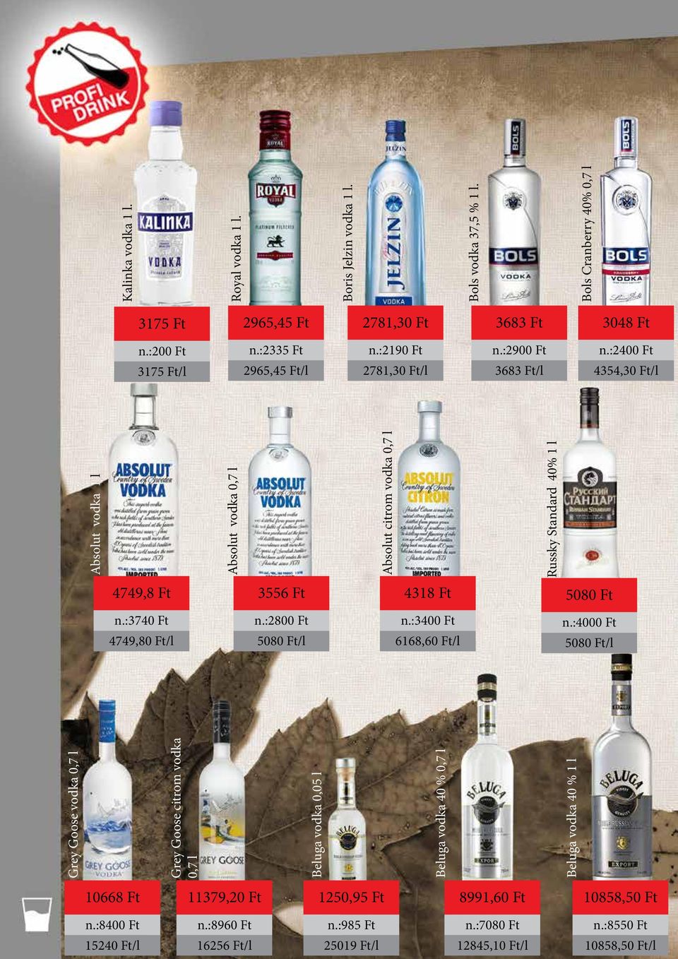 :4000 Ft 4749,80 Ft/l 5080 Ft/l 6168,60 Ft/l 5080 Ft/l Grey Goose vodka Grey Goose citrom vodka Beluga vodka 0,05 l Beluga vodka 40 % Beluga vodka 40 % 1 l Kalinka vodka 1 l.