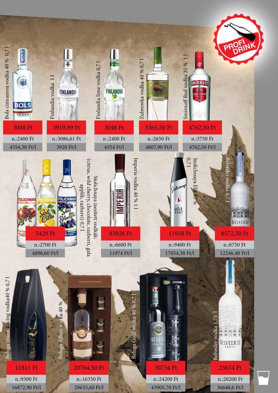 :2700 Ft 4898,60 Ft/l Stolichnaya ízesített vodkák: (citrus, wild cherry, chocolate, razberri, gala applik, razberri) 83826 Ft n.:6600 Ft 11974 Ft/l Imperia vodka 40 % 1 l 11938 Ft n.