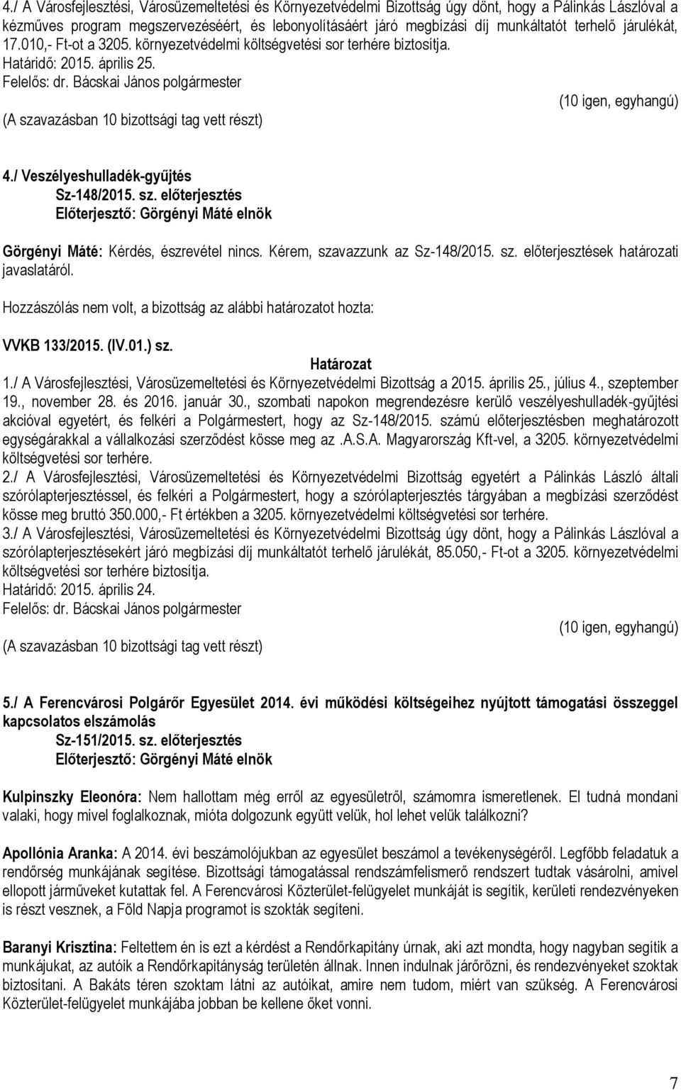 előterjesztés Előterjesztő: Görgényi Máté elnök Görgényi Máté: Kérdés, észrevétel nincs. Kérem, szavazzunk az Sz-148/2015. sz. előterjesztések határozati VVKB 13