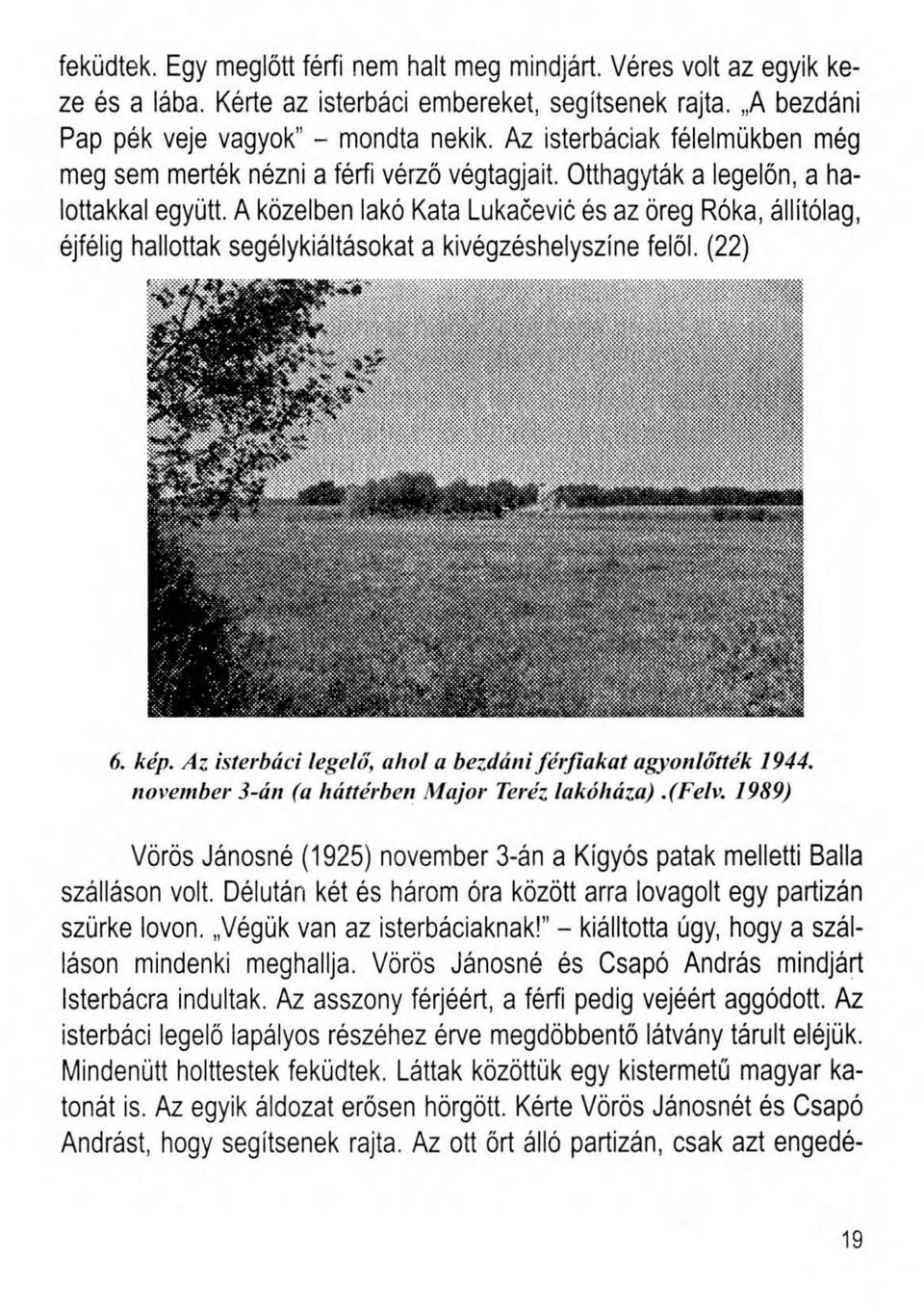 A közelben lakó Kata Lukačević és az öreg Róka, állítólag, éjfélig hallottak segélykiáltásokat a kivégzéshelyszíne felől. (22) 6. kép. Az isterbáci legelő, ahol a bezdáni férfiakat agyonlőtték 1944.