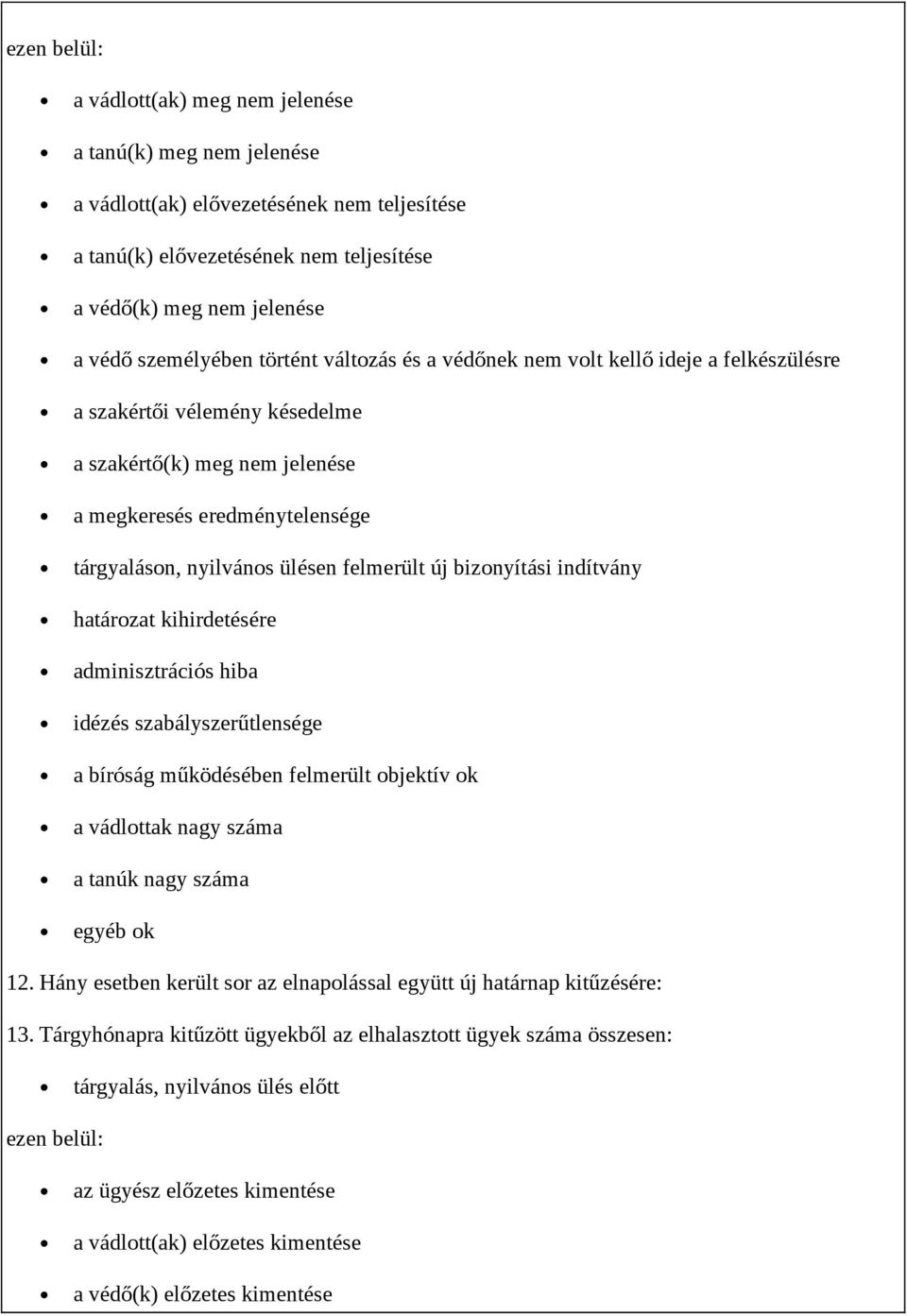 bizonyítási indítvány határozat kihirdetésére adminisztrációs hiba idézés szabályszerűtlensége a bíróság működésében felmerült objektív ok a vádlottak nagy száma a tanúk nagy száma egyéb ok 12.