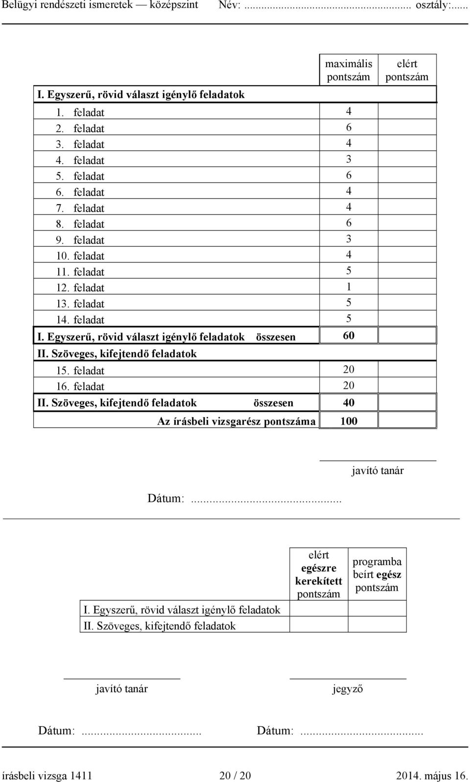 feladat 20 16. feladat 20 II. Szöveges, kifejtendő feladatok összesen 40 Az írásbeli vizsgarész pontszáma 100 elért pontszám javító tanár Dátum:... I. Egyszerű, rövid választ igénylő feladatok II.