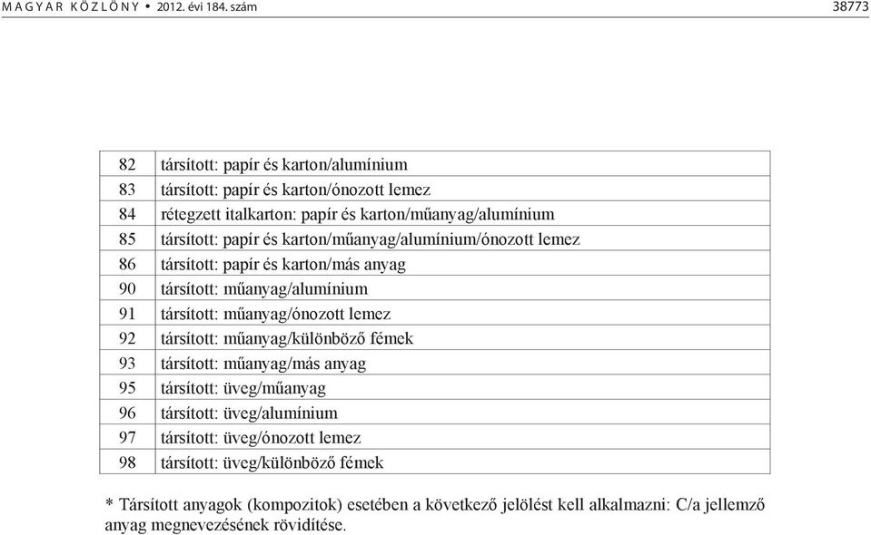 társított: papír és karton/manyag/alumínium/ónozott lemez 86 társított: papír és karton/más anyag 90 társított: manyag/alumínium 91 társított: manyag/ónozott lemez