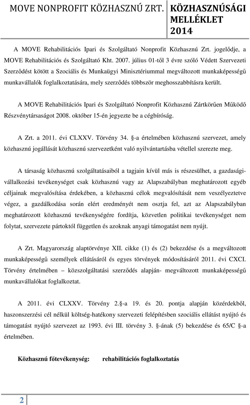 meghosszabbításra került. A MOVE Rehabilitációs Ipari és Szolgáltató Nonprofit Közhasznú Zártkörűen Működő Részvénytársaságot 2008. október 15-én jegyezte be a cégbíróság. A Zrt. a 2011. évi CLXXV.