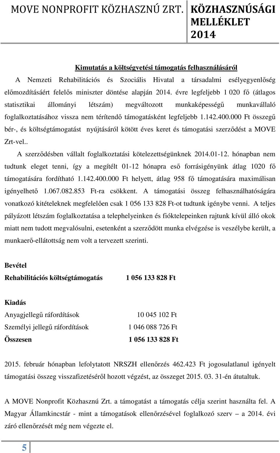 000 Ft összegű bér-, és költségtámogatást nyújtásáról kötött éves keret és támogatási szerződést a MOVE Zrt-vel.. A szerződésben vállalt foglalkoztatási kötelezettségünknek.01-12.