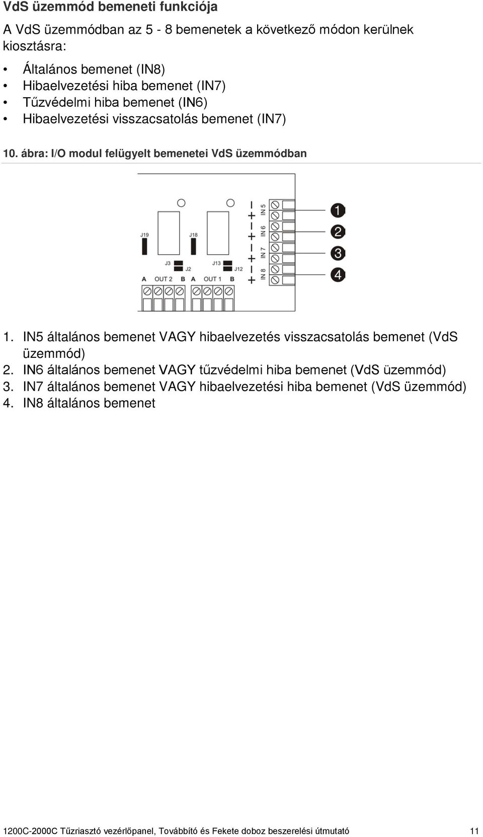 IN5 általános bemenet VAGY hibaelvezetés visszacsatolás bemenet (VdS üzemmód) 2. IN6 általános bemenet VAGY tűzvédelmi hiba bemenet (VdS üzemmód) 3.