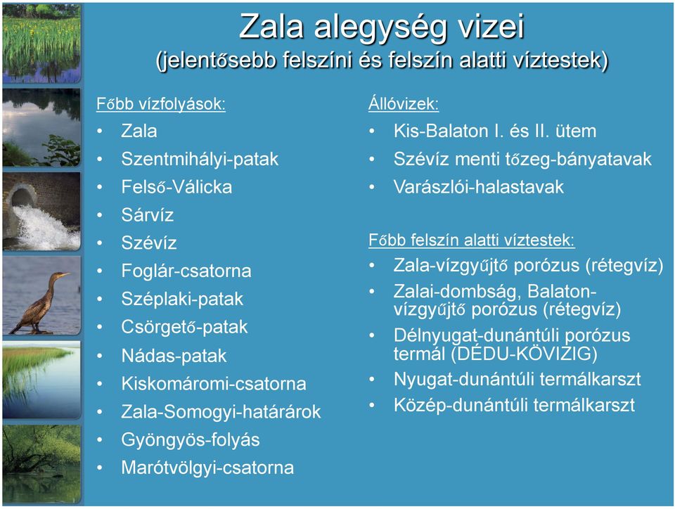 ütem Szévíz menti tőzeg-bányatavak Varászlói-halastavak Főbb felszín alatti víztestek: Zala-vízgyűjtő porózus (rétegvíz)