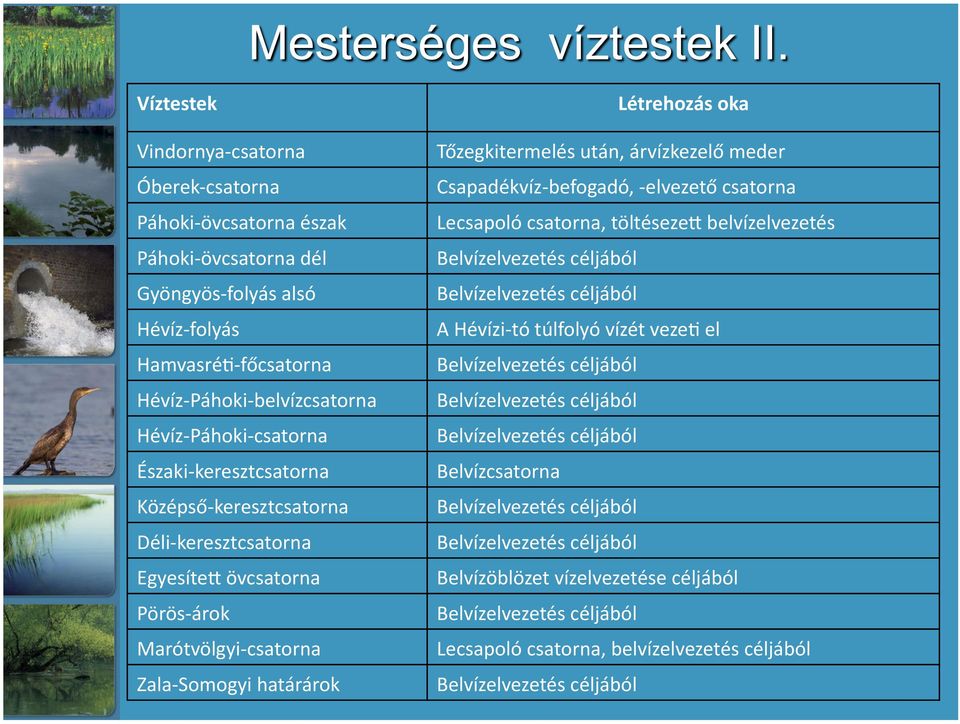 Csapadékvíz befogadó, elvezető csatorna Lecsapoló csatorna, töltéseze3 belvízelvezetés Belvízelvezetés céljából Belvízelvezetés céljából A Hévízi tó túlfolyó vízét vezeh el Belvízelvezetés céljából