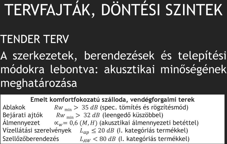 tömítés és rögzítésmód) Bejárati ajtók Rw min > 32 db (leengedő küszöbbel) Álmennyezet w = 0,6 (M, H) (akusztikai