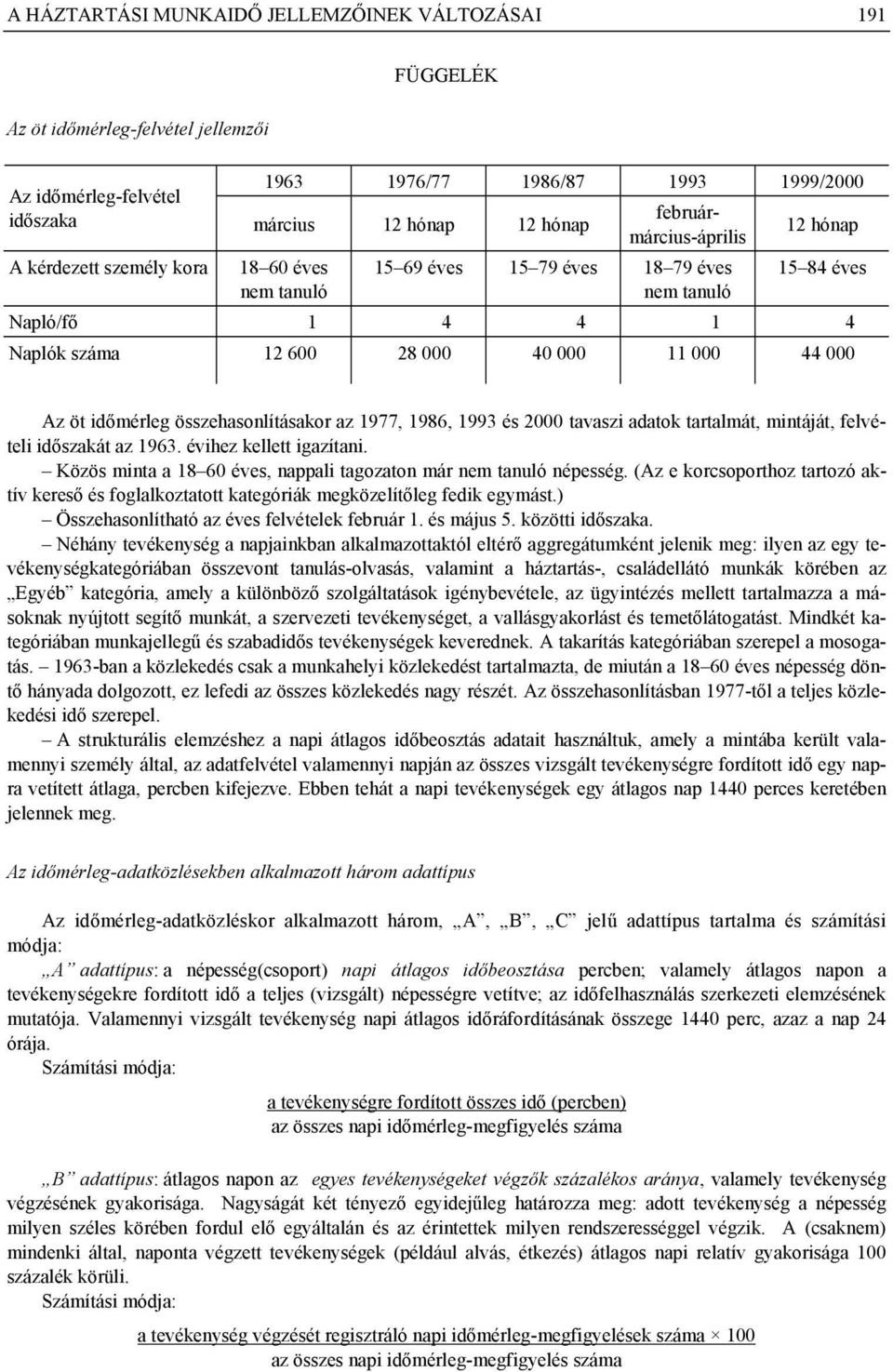 összehasonlításakor az 1977, 1986, 1993 és tavaszi adatok tartalmát, mintáját, felvételi időszakát az 1963. évihez kellett igazítani.