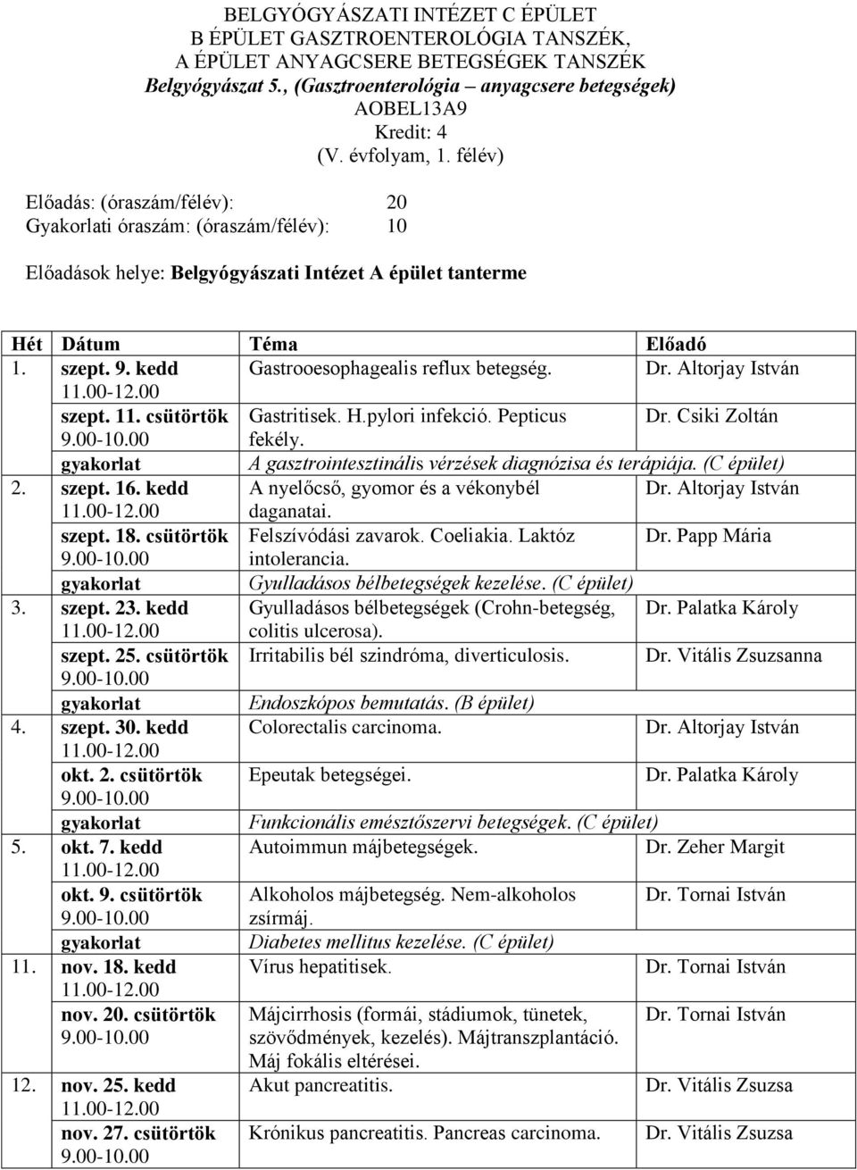 kedd Gastrooesophagealis reflux betegség. Dr. Altorjay István szept. 11. csütörtök Gastritisek. H.pylori infekció. Pepticus Dr. Csiki Zoltán fekély.