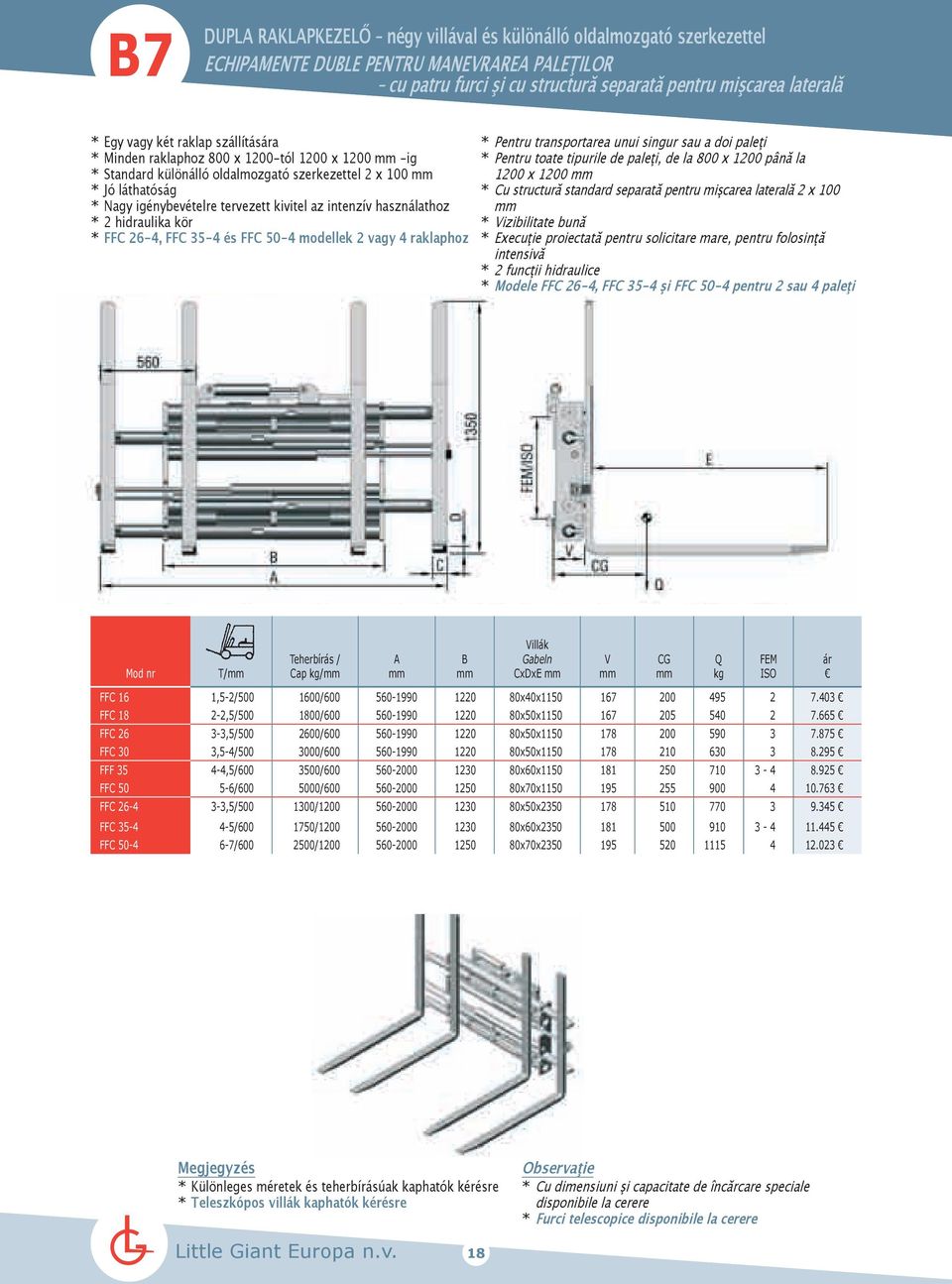 * 2 hidraulika kör * FFC 26-4, FFC 35-4 és FFC 50-4 modellek 2 vagy 4 raklaphoz * Pentru transportarea unui singur sau a doi paleţi * Pentru toate tipurile de paleţi, de la 800 x 1200 până la 1200 x