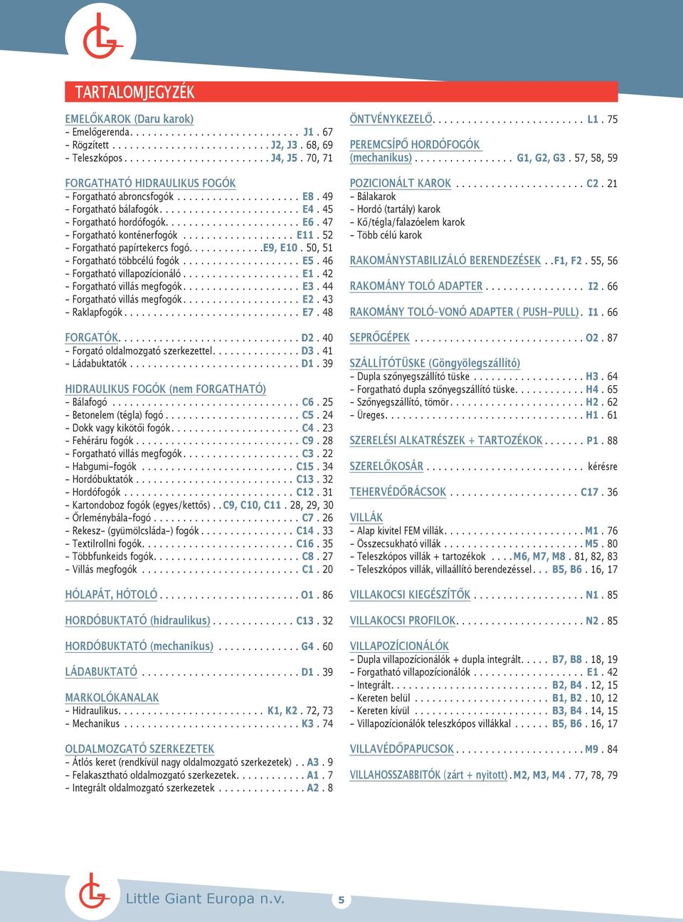 50, 51 - Forgatható többcélú fogók...e5. 46 - Forgatható villapozícionáló... E1. 42 - Forgatható villás megfogók...e3. 44 - Forgatható villás megfogók...e2. 43 - Raklapfogók... E7. 48 FORGTÓK... D2.