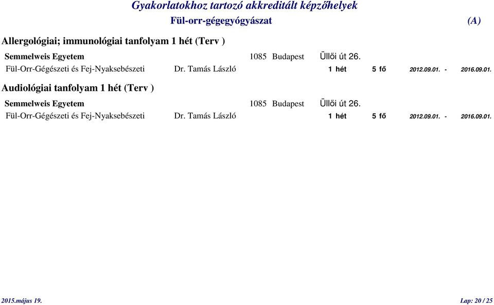 .09.01. - 2016.09.01. Audiológiai tanfolyam 1 hét (Terv ) Fül-Orr-Gégészeti és .