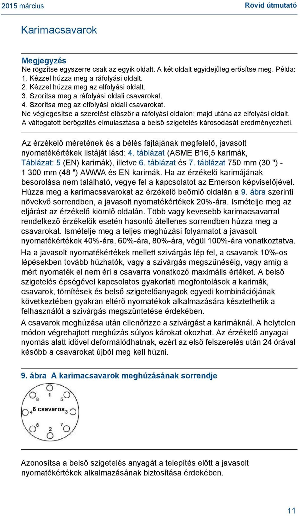 Ne véglegesítse a szerelést először a ráfolyási oldalon; majd utána az elfolyási oldalt. A váltogatott berögzítés elmulasztása a belső szigetelés károsodását eredményezheti.