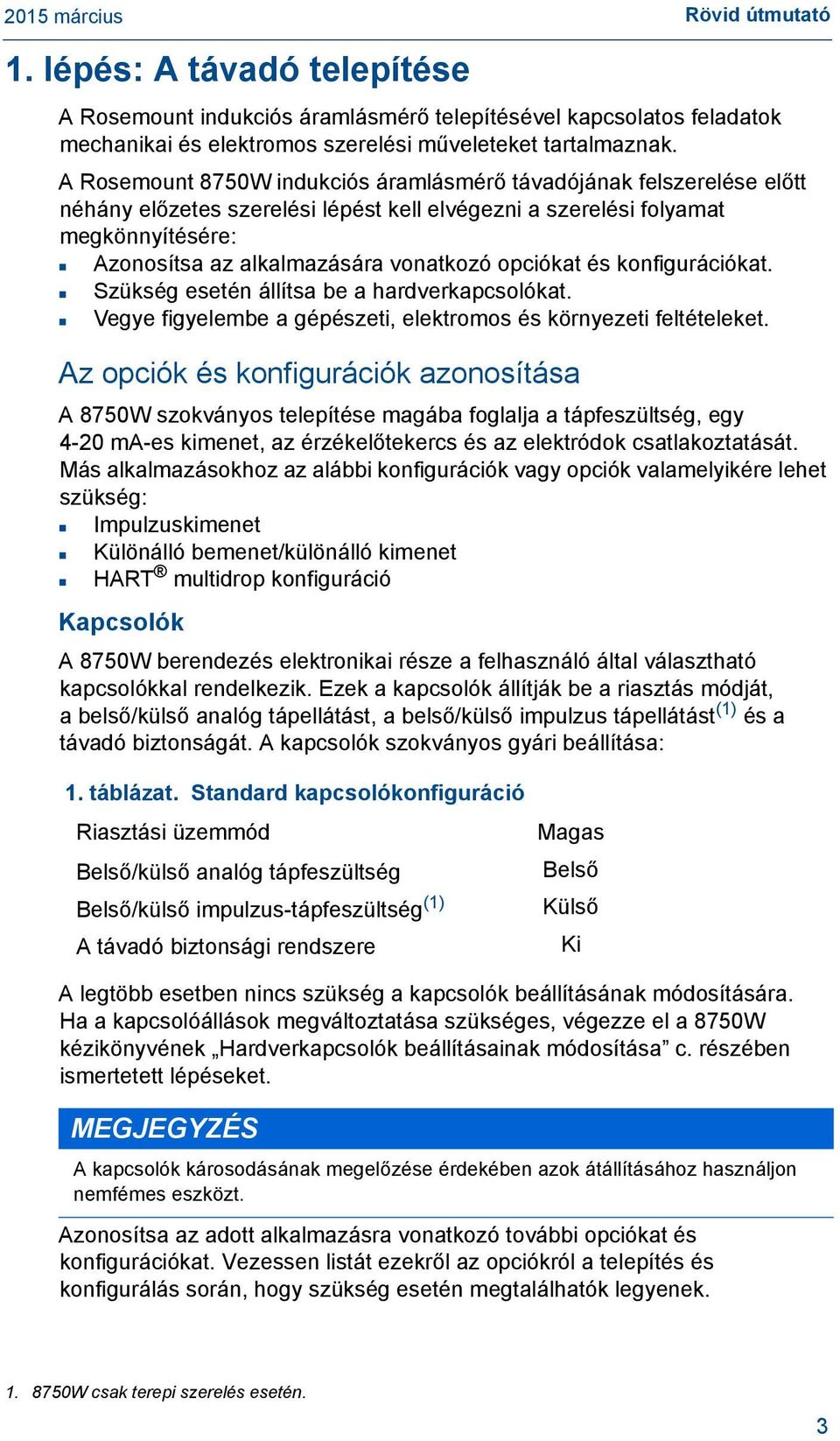 opciókat és konfigurációkat. Szükség esetén állítsa be a hardverkapcsolókat. Vegye figyelembe a gépészeti, elektromos és környezeti feltételeket.
