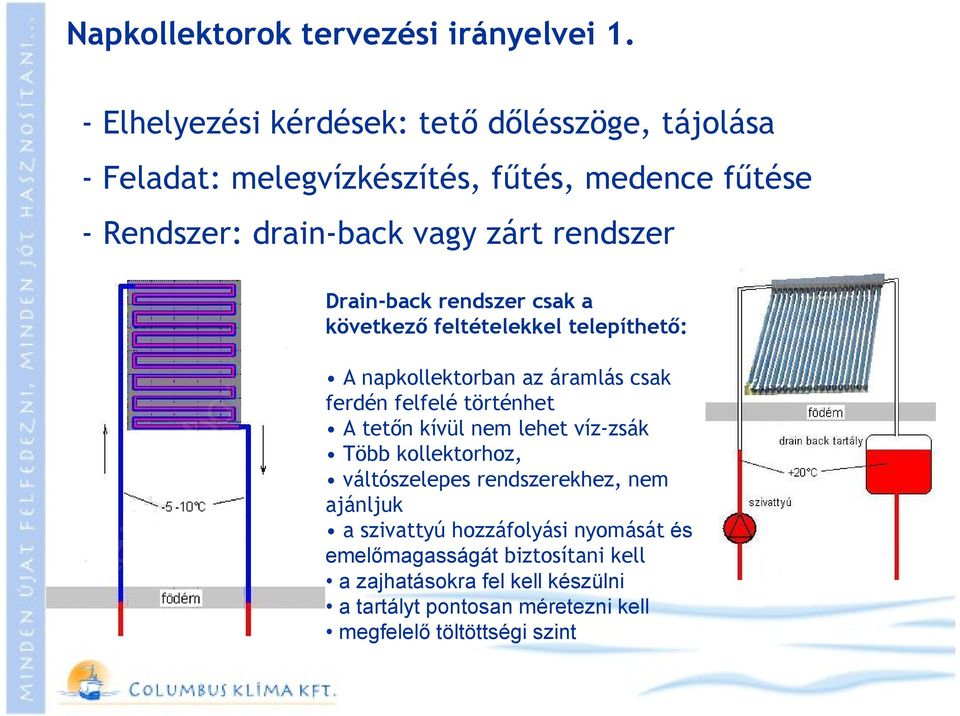 rendszer Drain-back rendszer csak a következő feltételekkel telepíthető: A napkollektorban az áramlás csak ferdén felfelé történhet A tetőn